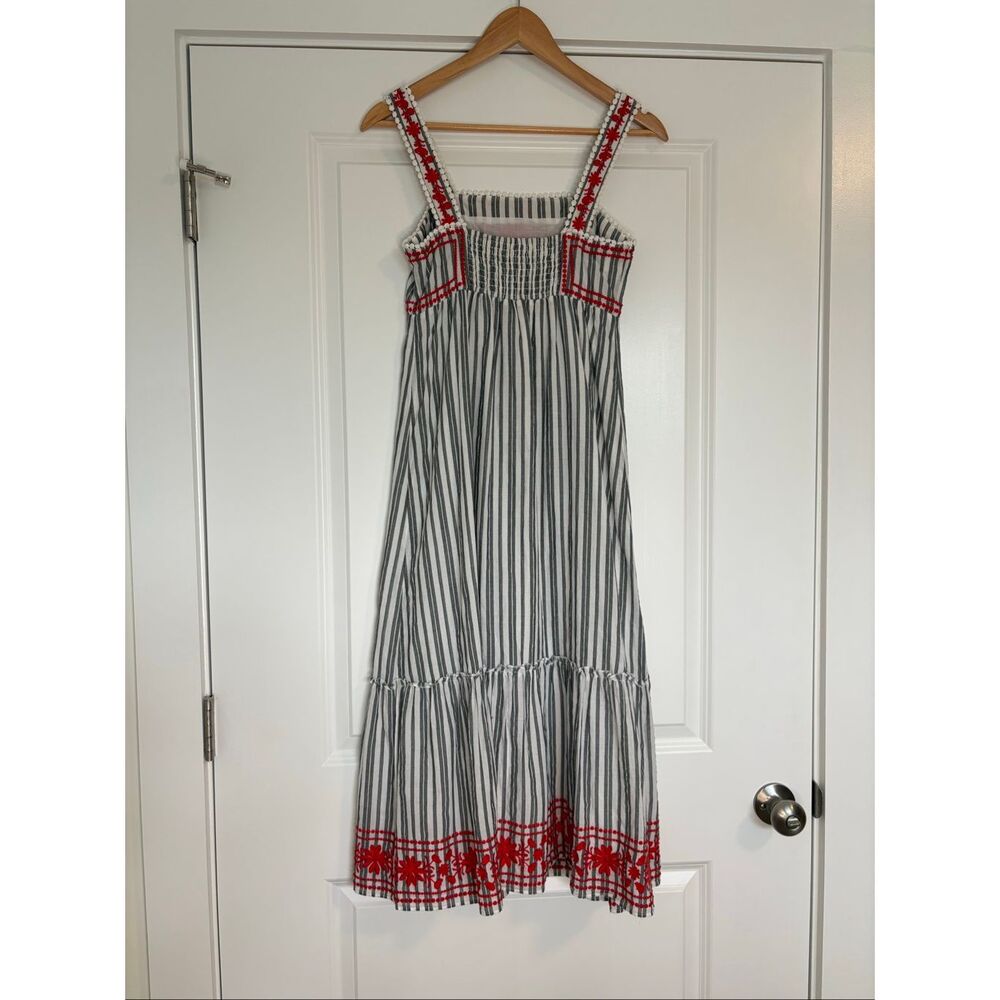 Kate Spade Broome Street Grey & White Striped With Red Embroidery Midi Dress XS - Picture 4 of 8